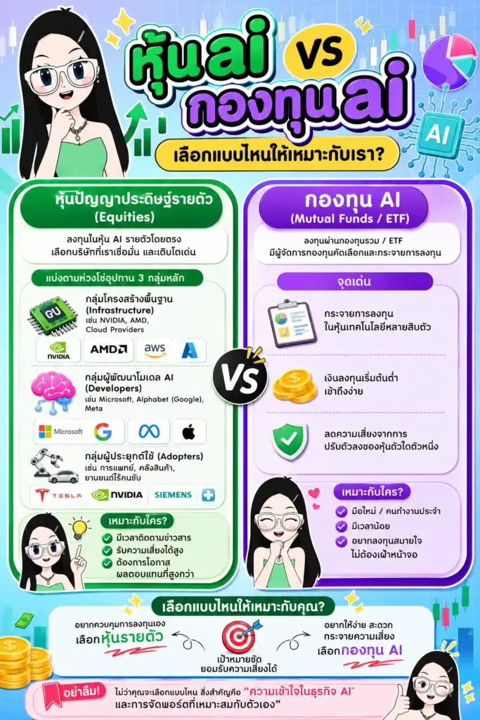 ตารางเปรียบเทียบการลงทุนระหว่างหุ้น ai และกองทุน ai ai ลงทุนอะไรดี — ตารางเปรียบเทียบการลงทุนระหว่างหุ้น ai และกองทุน ai
