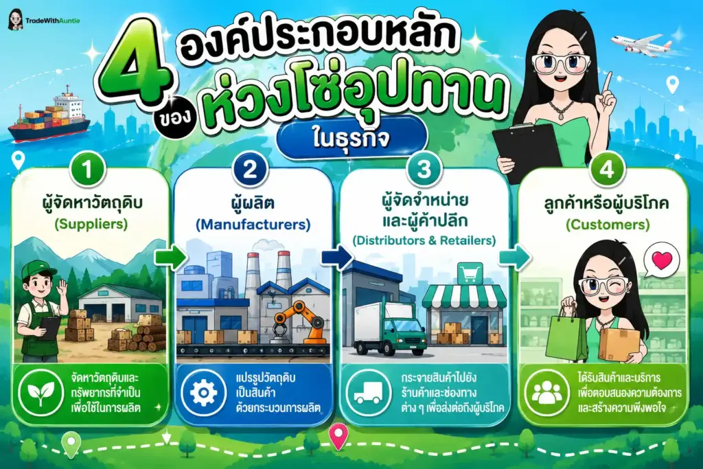 info The four parts of the supply chain in a business Supply Chain คืออะไร แผนภาพแสดงองค์ประกอบหลัก 4 ส่วนของห่วงโซ่อุปทานในธุรกิจ