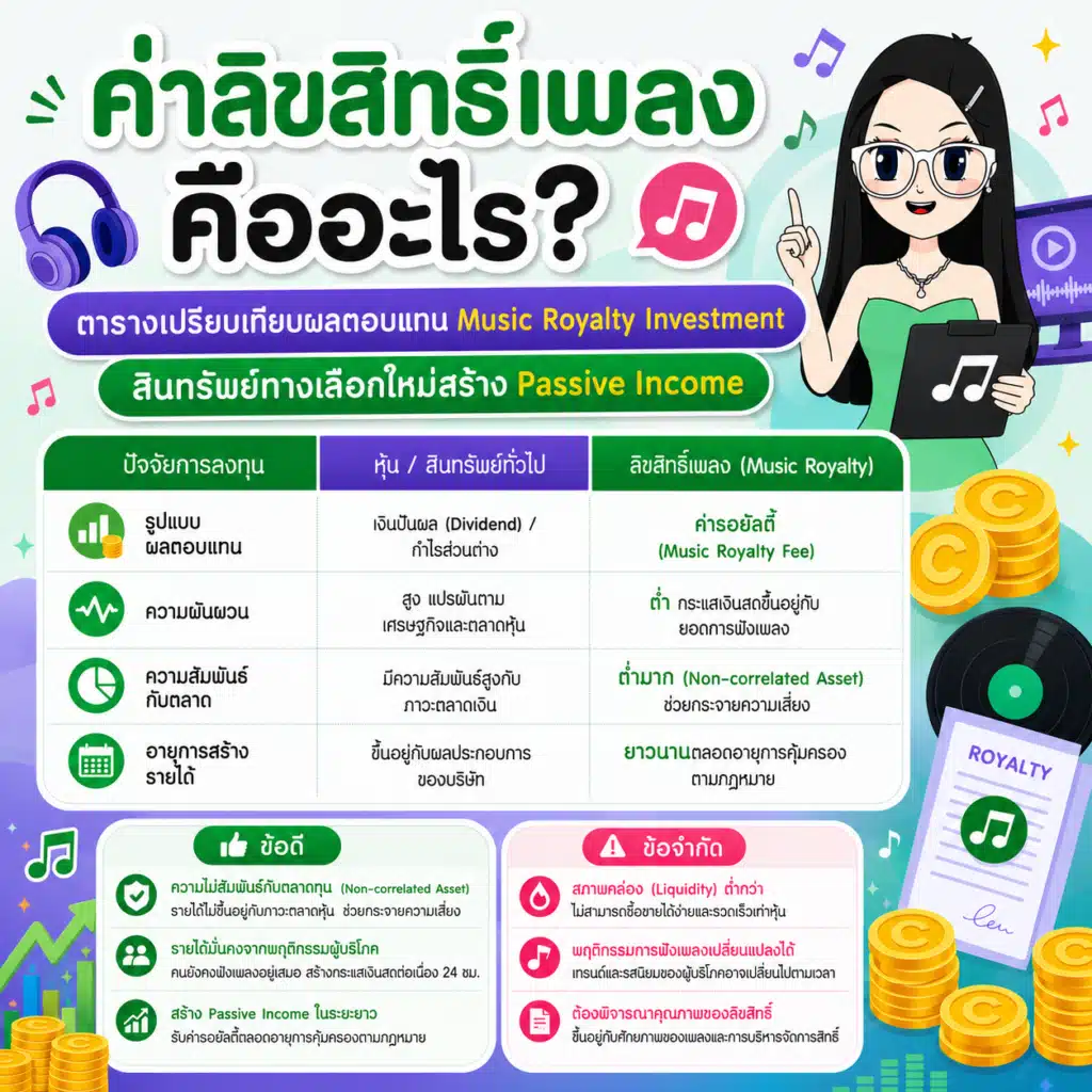 ตารางเปรียบเทียบผลตอบแทน Music Royalty Investment ค่าลิขสิทธิ์เพลง คืออะไร — ตารางเปรียบเทียบผลตอบแทน Music Royalty Investment