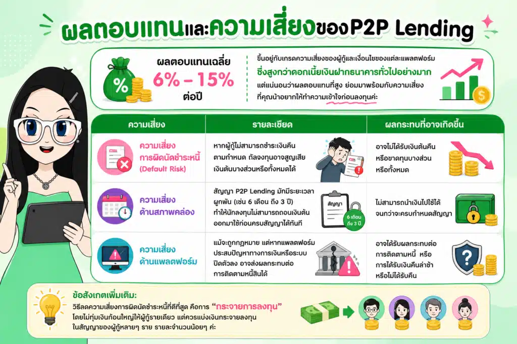 ตารางเปรียบเทียบผลตอบแทนและความเสี่ยงการลงทุน ตารางเปรียบเทียบผลตอบแทนและความเสี่ยงการลงทุน P2P Lending