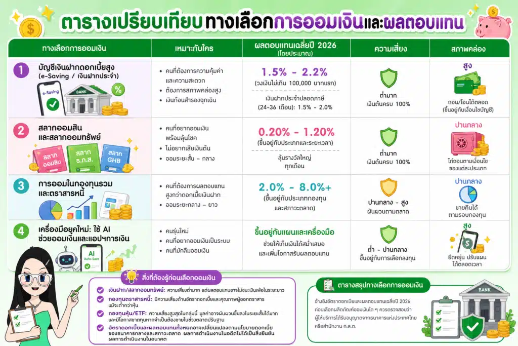 ออมเงินแบบไหนดี ตารางเปรียบเทียบทางเลือกการออมเงินและผลตอบแทน
