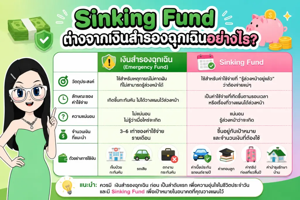 ตารางเปรียบเทียบความแตกต่าง Sinking Fund กับ เงินสำรองฉุกเฉิน Sinking Fund ตารางเปรียบเทียบความแตกต่างระหว่าง Sinking Fund กับ เงินสำรองฉุกเฉิน