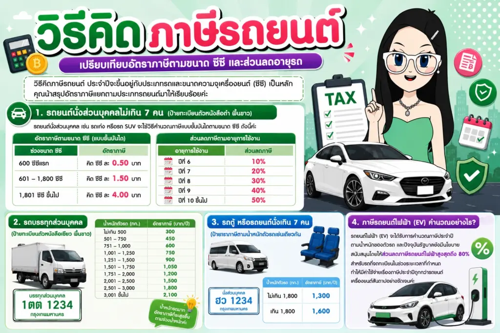 ตารางเปรียบเทียบอัตราภาษีตามขนาด ซีซี และส่วนลดอายุรถ วิธีคิดภาษีรถยนต์ ตารางเปรียบเทียบอัตราภาษีตามขนาด ซีซี และส่วนลดอายุรถ
