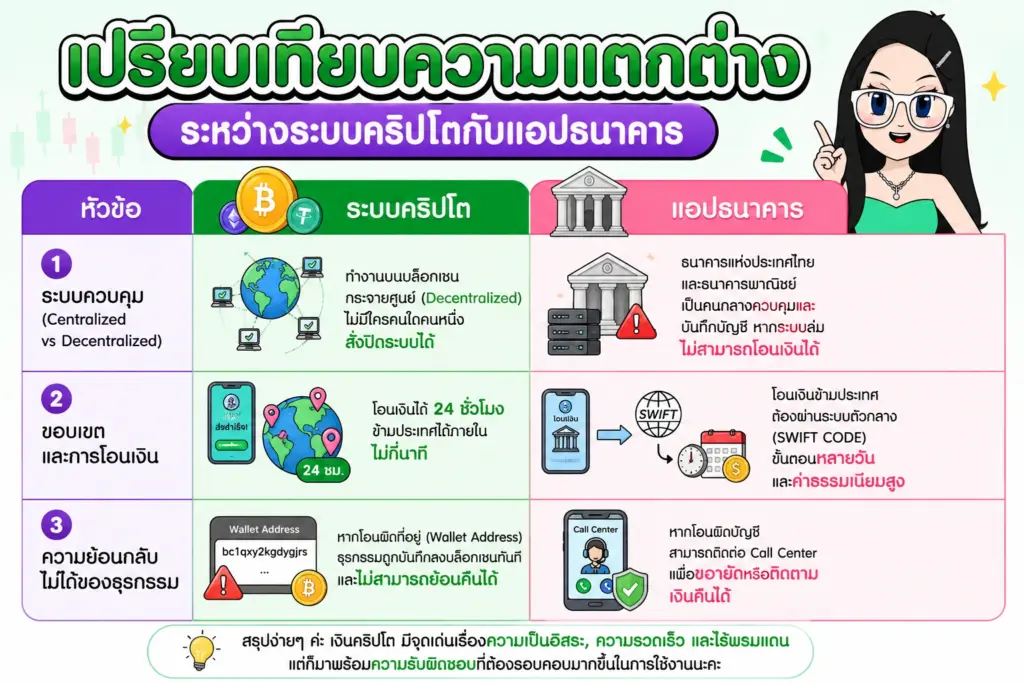 เปรียบเทียบความแตกต่างระหว่างระบบคริปโตกับแอปธนาคาร เงินคริปโต คืออะไร แผนภาพเปรียบเทียบความแตกต่างระหว่างระบบคริปโตกับแอปธนาคาร