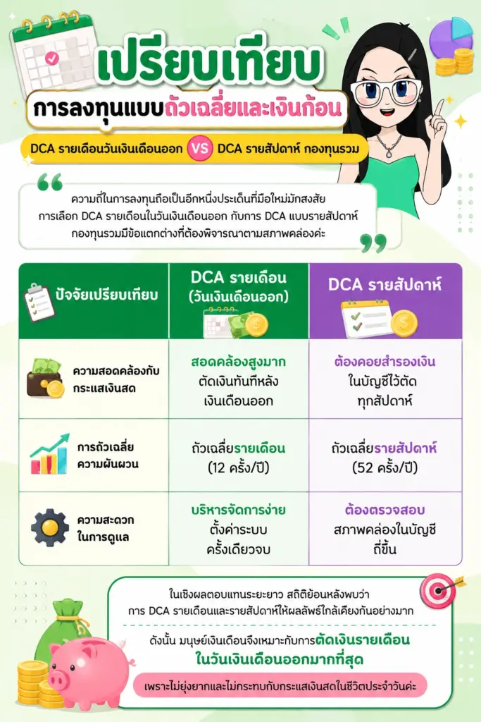 แผนภาพเปรียบเทียบการลงทุนแบบถัวเฉลี่ยและเงินก้อน DCA วันเงินเดือนออก และ Lumpsum แผนภาพเปรียบเทียบการลงทุนแบบถัวเฉลี่ยและเงินก้อน