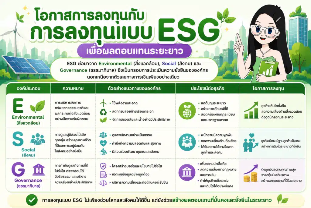 หลักการลงทุนแบบ ESG และกรอบความยั่งยืนองค์กร เทรนด์ธุรกิจสีเขียว ธุรกิจยั่งยืน หลักการลงทุนแบบ ESG และกรอบความยั่งยืนองค์กร