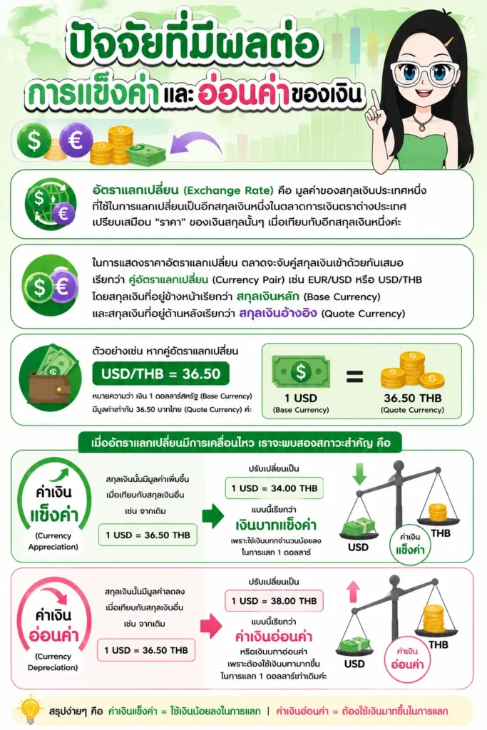 ปัจจัยที่กำหนดอัตราแลกเปลี่ยน คืออะไร แผนภาพแสดงปัจจัยที่มีผลต่อการแข็งค่าและอ่อนค่าของเงิน