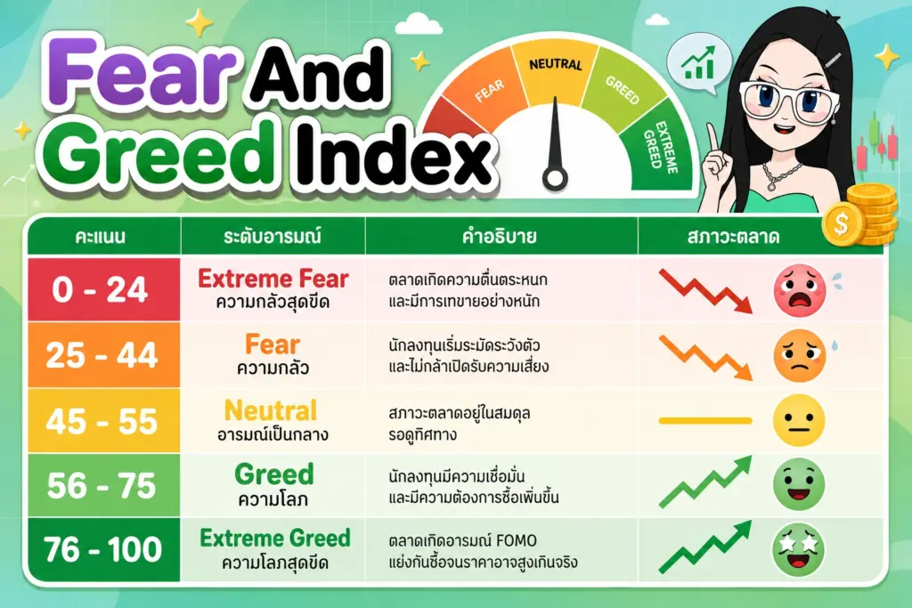 แผนภาพแสดงระดับคะแนน 0-100 ของความกลัวและความโลภในการลงทุน Fear And Greed Index คืออะไร ดูจากไหน แผนภาพแสดงระดับคะแนน 0-100 ของความกลัวและความโลภในการลงทุน