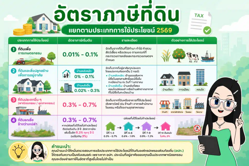 ตารางเปรียบเทียบอัตราภาษีที่ดิน 2569 แยกตามประเภทการใช้ประโยชน์ที่ดิน ภาษีที่ดินและสิ่งปลูกสร้าง อัตราภาษีที่ดิน 2569 ตารางเปรียบเทียบอัตราภาษีแยกตามประเภทการใช้ประโยชน์ที่ดิน
