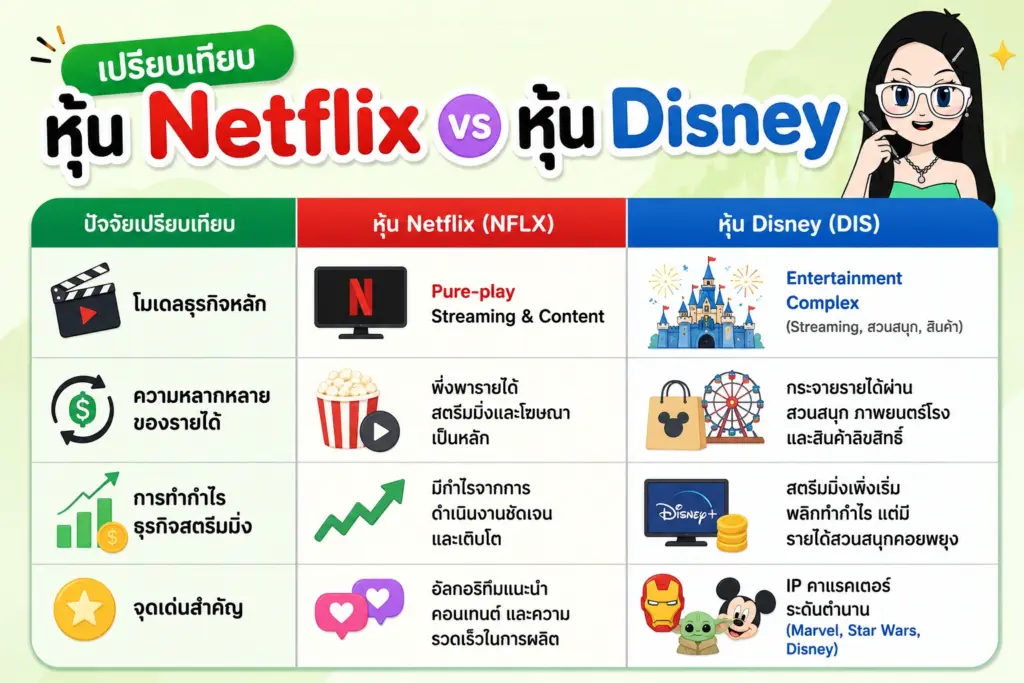 หุ้น Disney เปรียบเทียบโมเดลธุรกิจและอัตราการเติบโตระหว่าง Netflix และ Disney