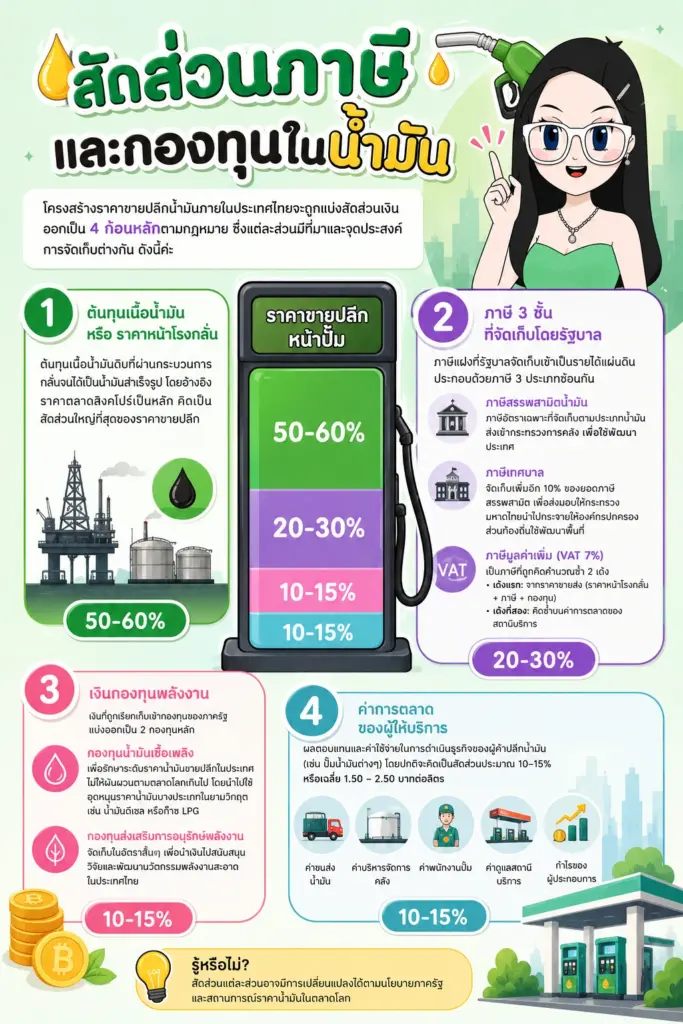 แผนภาพแสดงสัดส่วนภาษีและกองทุนในน้ำมัน โครงสร้างราคาน้ำมันแผนภาพแสดงสัดส่วนภาษีและกองทุนในน้ำมัน