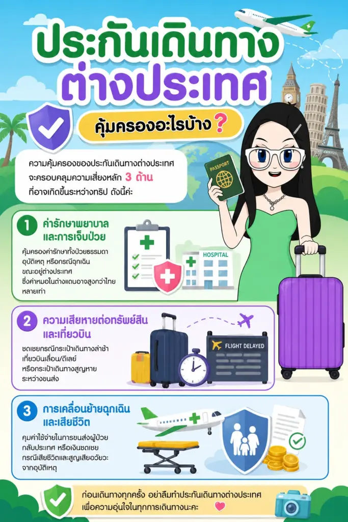 ประกันเดินทางต่างประเทศ ราคา คุ้มครองอะไรบ้าง แผนภาพสรุปความคุ้มครองค่ารักษาและเที่ยวบินดีเลย์