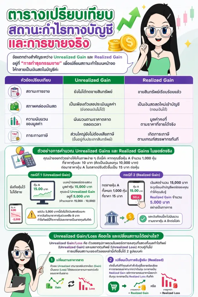 ตารางเปรียบเทียบสถานะกำไรทางบัญชีและการขายจริง Unrealized Gain คือ ต่างจาก Realized Gain อย่างไร ตารางเปรียบเทียบสถานะกำไรทางบัญชีและการขายจริง