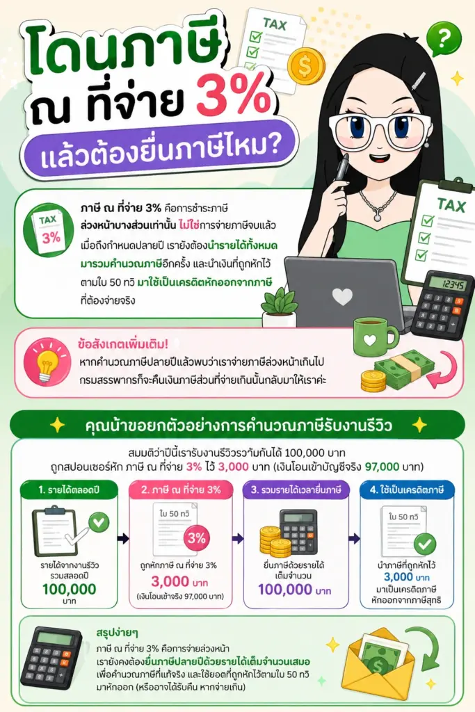 อินฟลูเอนเซอร์ เสียภาษี ณ ที่จ่าย 3% แผนภาพอธิบายการหักภาษี ณ ที่จ่ายและการใช้ใบ 50 ทวิ