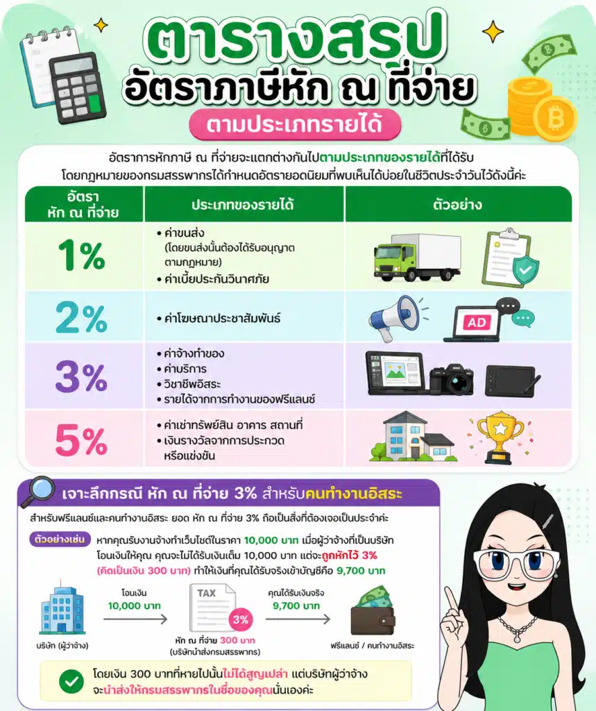 ตารางสรุปอัตราภาษีหัก ณ ที่จ่ายตามประเภทรายได้ หัก ณ ที่จ่าย 3% ตารางสรุปอัตราภาษีหัก ณ ที่จ่ายตามประเภทรายได้