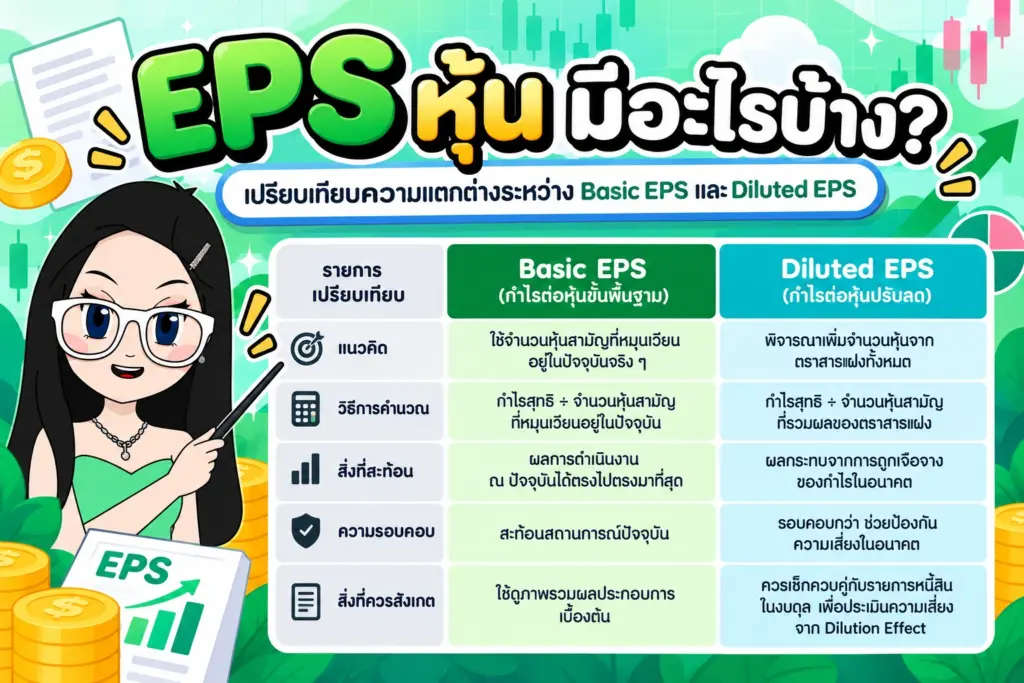 EPS หุ้น มีอะไรบ้าง ตารางเปรียบเทียบความแตกต่างระหว่าง Basic EPS และ Diluted EPS