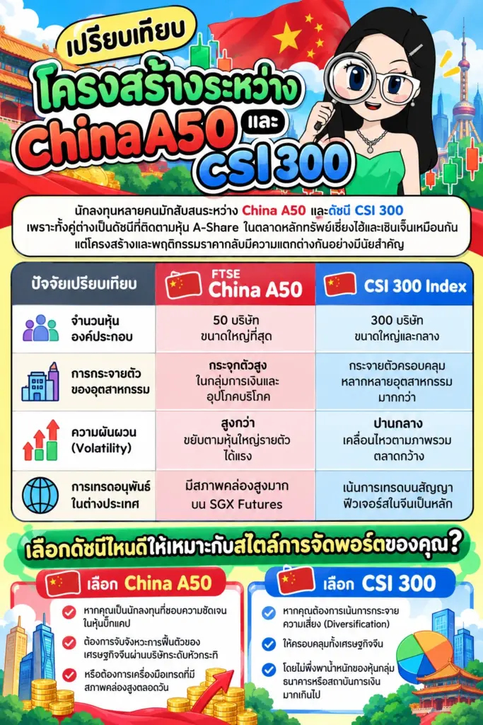 แผนภาพเปรียบเทียบโครงสร้างระหว่าง China A50 และ CSI 300 china a50 มีอะไรบ้าง แผนภาพเปรียบเทียบโครงสร้างระหว่าง China A50 และ CSI 300