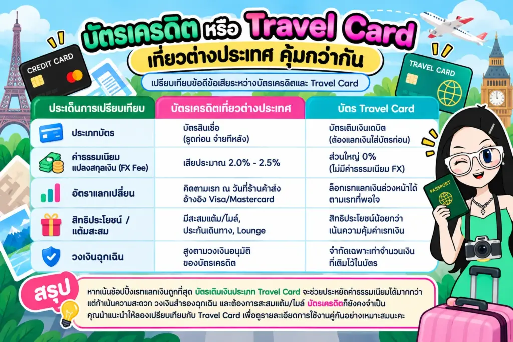 เปรียบเทียบข้อดีข้อเสียระหว่างบัตรเครดิตและ Travel Card บัตรเครดิตเที่ยวต่างประเทศ เปรียบเทียบข้อดีข้อเสียระหว่างบัตรเครดิตและ Travel Card