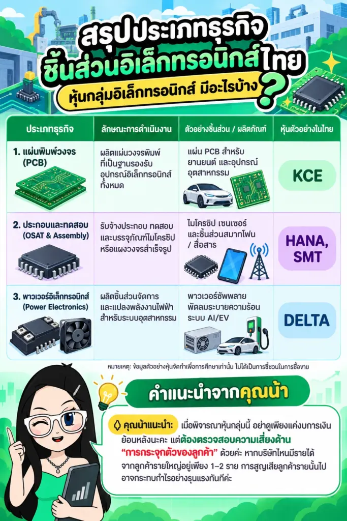 ตารางสรุปประเภทธุรกิจชิ้นส่วนอิเล็กทรอนิกส์ไทย หุ้นกลุ่มอิเล็กทรอนิกส์ มีอะไรบ้าง ตารางสรุปประเภทธุรกิจชิ้นส่วนอิเล็กทรอนิกส์ไทย