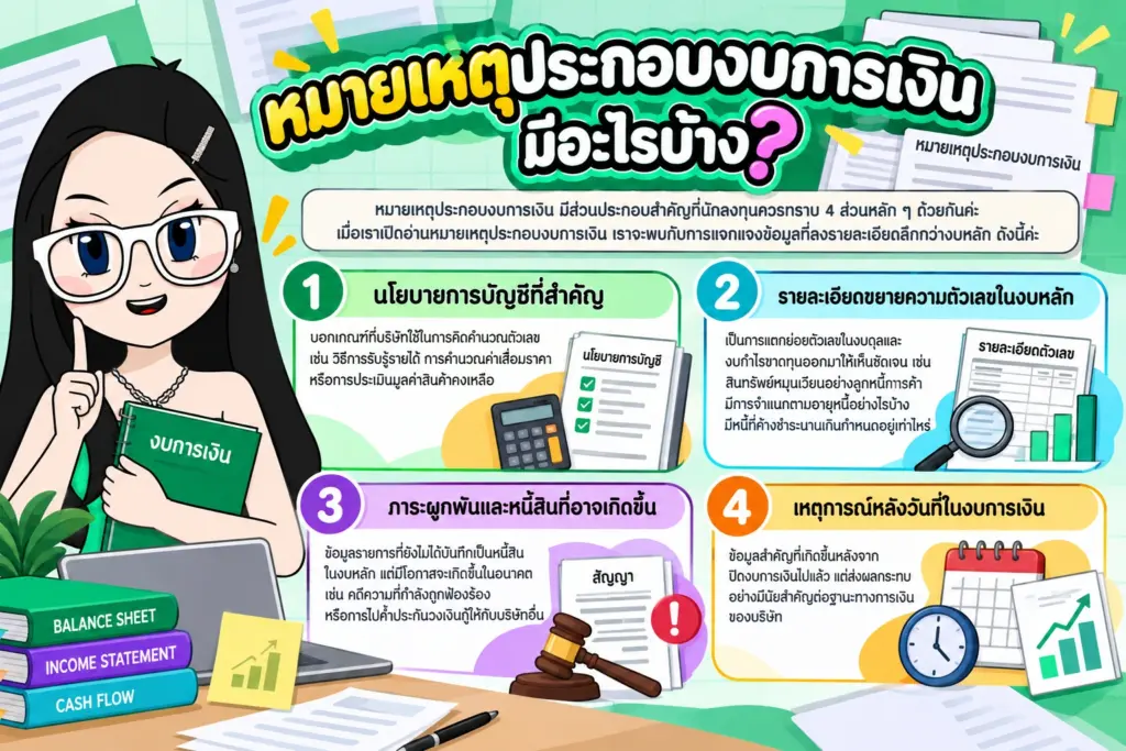 สรุป 4 ส่วนประกอบสำคัญในหมายเหตุประกอบงบการเงิน หมายเหตุประกอบงบการเงิน มีอะไรบ้าง แผนภาพสรุป 4 ส่วนประกอบสำคัญในหมายเหตุประกอบงบการเงิน