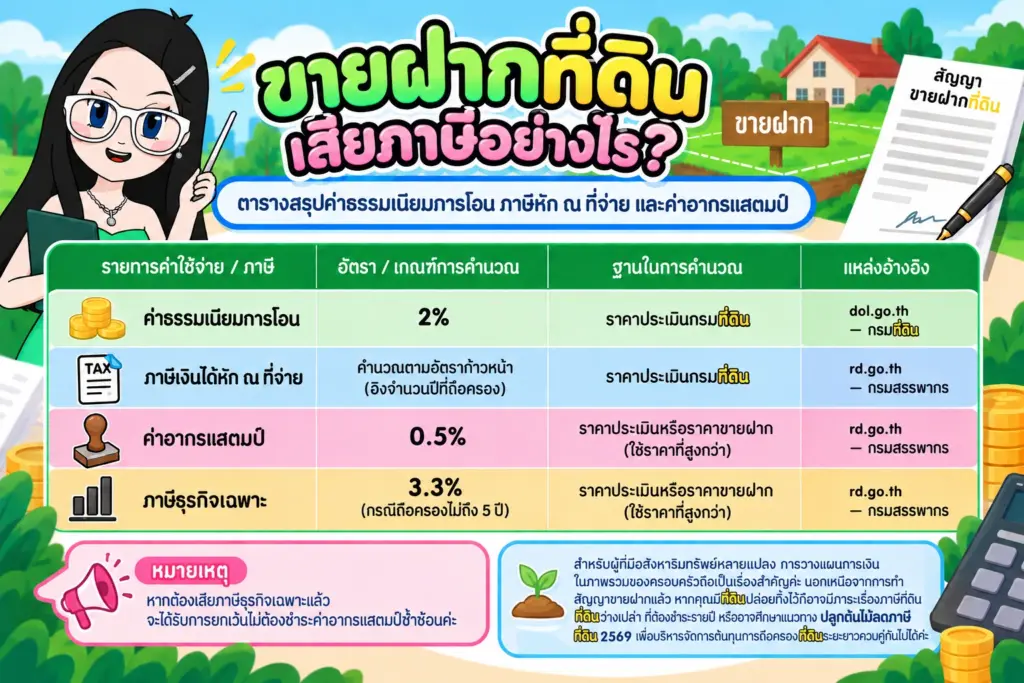 ตารางสรุปค่าธรรมเนียมการโอน ภาษีหัก ณ ที่จ่าย และค่าอากรแสตมป์ ภาษีขายฝากที่ดิน คือ ตารางสรุปค่าธรรมเนียมการโอน ภาษีหัก ณ ที่จ่าย และค่าอากรแสตมป์
