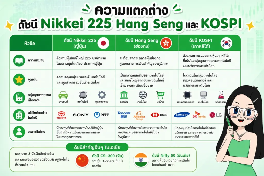 สรุปความแตกต่างดัชนี Nikkei 225 Hang Seng และ KOSPI ดัชนีหุ้นเอเชีย แผนภาพสรุปความแตกต่างดัชนี Nikkei 225 Hang Seng และ KOSPI