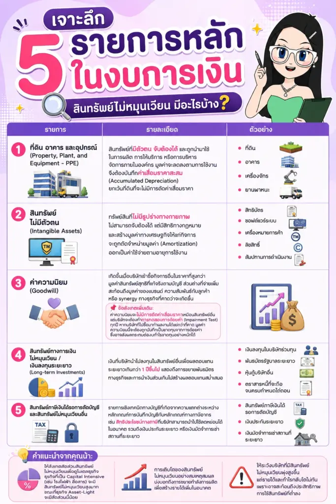 แผนภาพ 5 รายการหลักในงบดุลสำหรับนักลงทุน สินทรัพย์ไม่หมุนเวียน มีอะไรบ้าง แผนภาพ 5 รายการหลักในงบดุลสำหรับนักลงทุน