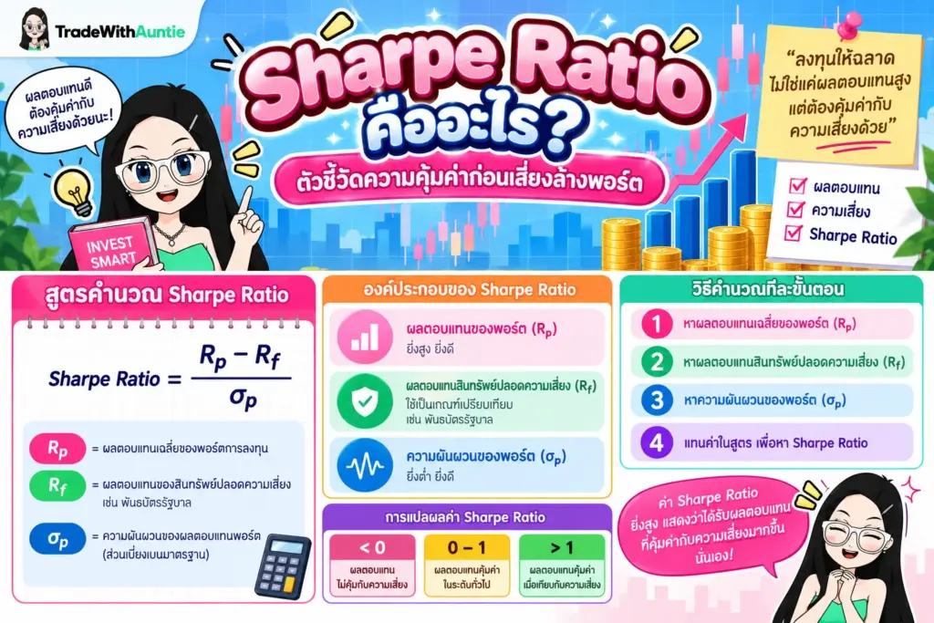 sharpe-ratio-formula-and-calculation สูตรคำนวณ sharpe ratio แผนภาพแสดงองค์ประกอบและวิธีคำนวณผลตอบแทนปรับด้วยความเสี่ยง