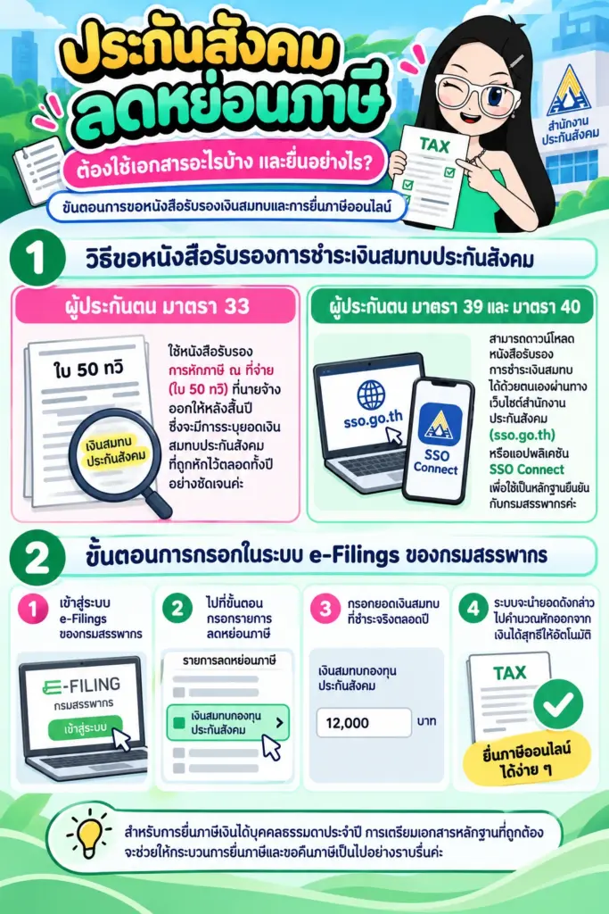 แผนภาพแสดงขั้นตอนการขอหนังสือรับรองเงินสมทบและการยื่นภาษีออนไลน์ ประกันสังคม ลดหย่อนภาษี แผนภาพแสดงขั้นตอนการขอหนังสือรับรองเงินสมทบและการยื่นภาษีออนไลน์
