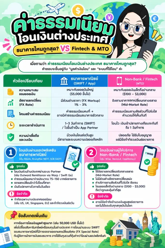 แผนภาพเปรียบเทียบโครงสร้างค่าธรรมเนียม SWIFT และ Fintech ค่าธรรมเนียมโอนเงินต่างประเทศ มีอะไรบ้าง แผนภาพเปรียบเทียบโครงสร้างค่าธรรมเนียม SWIFT และ Fintech