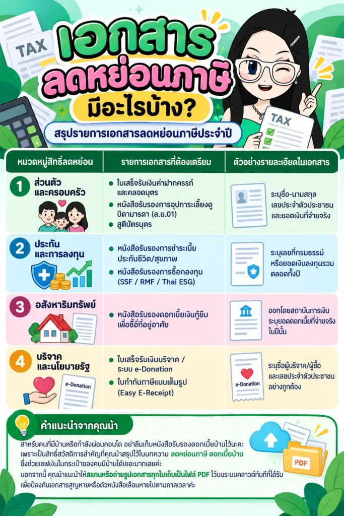 ตารางสรุปรายการเอกสารลดหย่อนภาษีประจำปี เอกสารลดหย่อนภาษี มีอะไรบ้าง ตารางสรุปรายการเอกสารลดหย่อนภาษีประจำปี