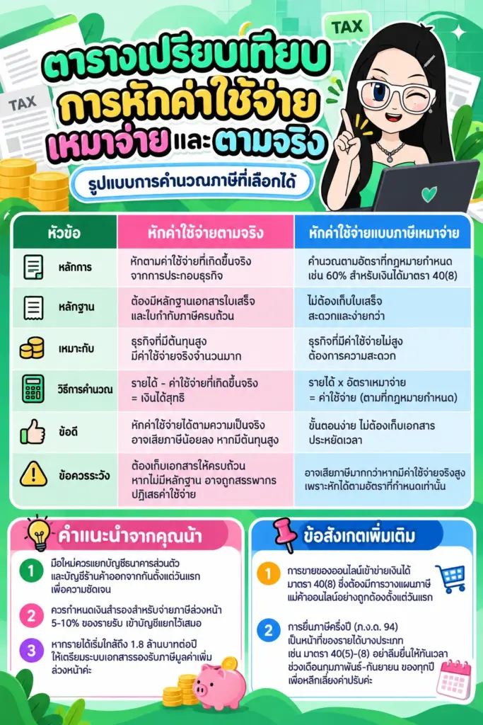 ภาษีเหมาจ่าย ตารางเปรียบเทียบการหักค่าใช้จ่ายเหมาจ่ายและตามจริง