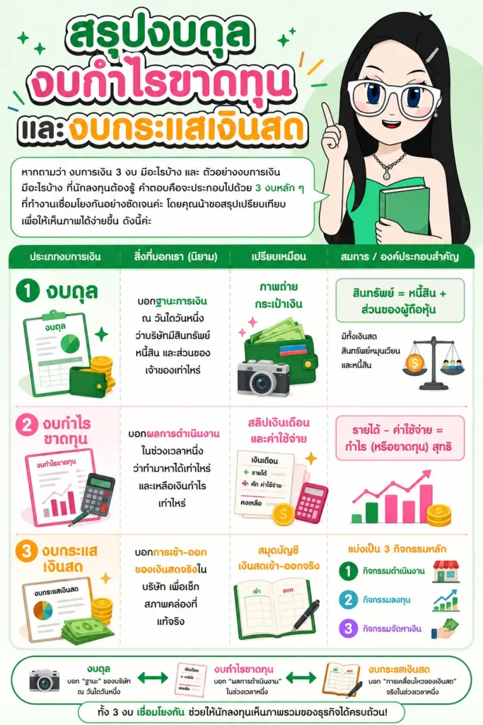 แผนภาพสรุปงบดุล งบกำไรขาดทุน และงบกระแสเงินสด ตัวอย่างงบการเงิน 3 งบ มีอะไรบ้าง แผนภาพสรุปงบดุล งบกำไรขาดทุน และงบกระแสเงินสด
