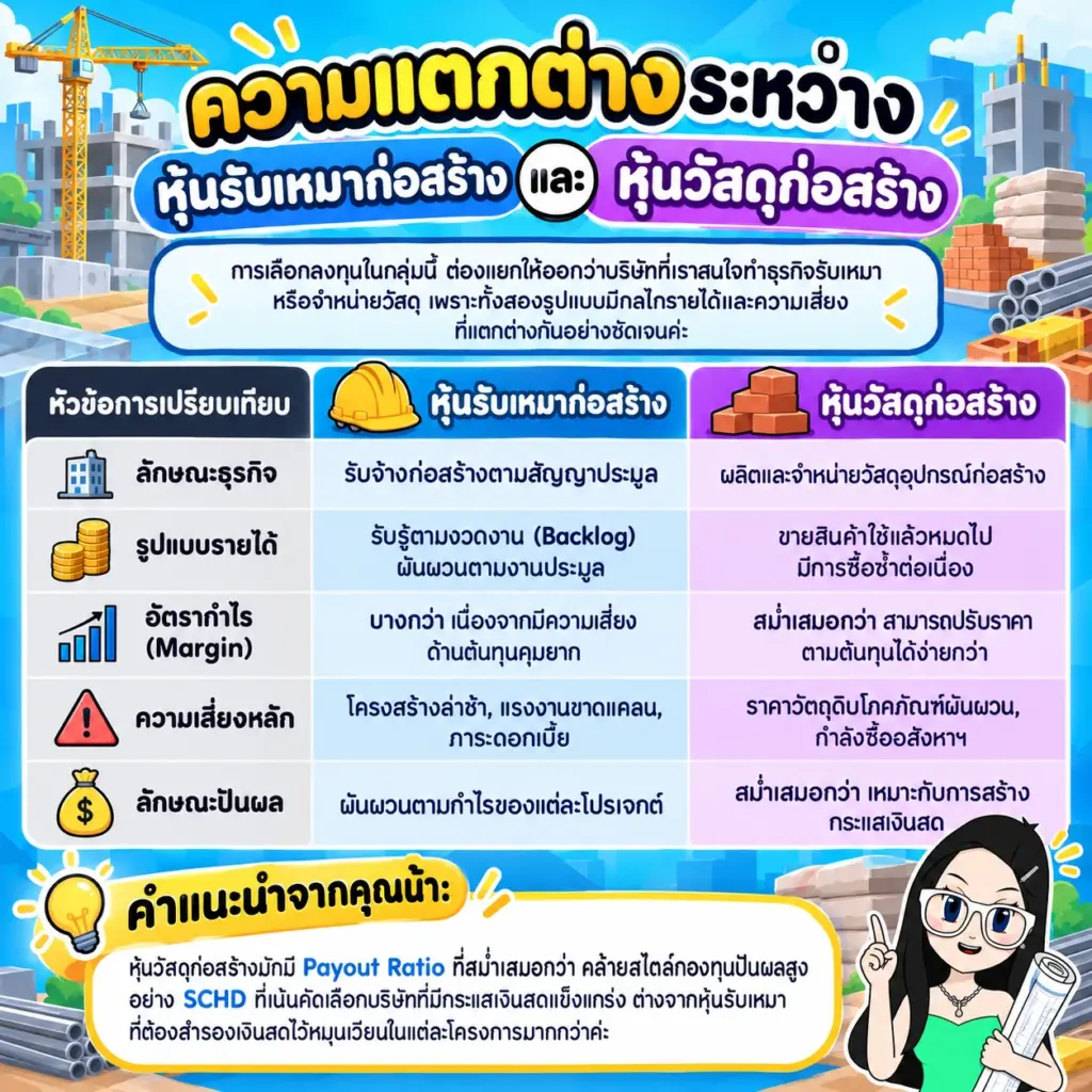หุ้นรับเหมาก่อสร้าง แผนภาพเปรียบเทียบกลไกรายได้และปันผลของหุ้นวัสดุกับหุ้นรับเหมา
