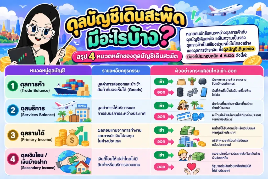 สรุป 4 หมวดหลักของดุลบัญชีเดินสะพัด ดุลบัญชีเดินสะพัด คือ แผนภาพสรุป 4 หมวดหลักของดุลบัญชีเดินสะพัด