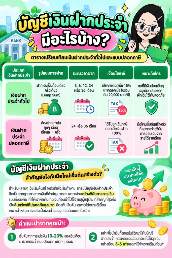 บัญชีเงินฝากประจำ ตารางเปรียบเทียบเงินฝากประจำทั่วไปและแบบปลอดภาษี