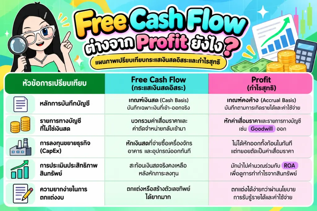 เปรียบเทียบกระแสเงินสดอิสระและกำไรสุทธิ Free Cash Flow ต่างจาก Profit ยังไง แผนภาพเปรียบเทียบกระแสเงินสดอิสระและกำไรสุทธิ