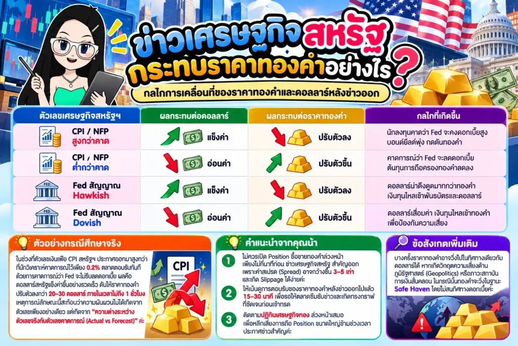 กลไกการเคลื่อนที่ของราคาทองคำและดอลลาร์หลังข่าวออก ข่าวเศรษฐกิจสหรัฐ ทองคำ แผนภาพกลไกการเคลื่อนที่ของราคาทองคำและดอลลาร์หลังข่าวออก
