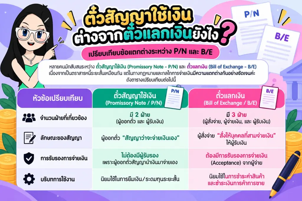 แผนภาพเปรียบเทียบข้อแตกต่างระหว่าง P/N และ B/E ตั๋วสัญญาใช้เงิน ต่างจากตั๋วแลกเงินยังไง แผนภาพเปรียบเทียบข้อแตกต่างระหว่าง P/N และ B/E