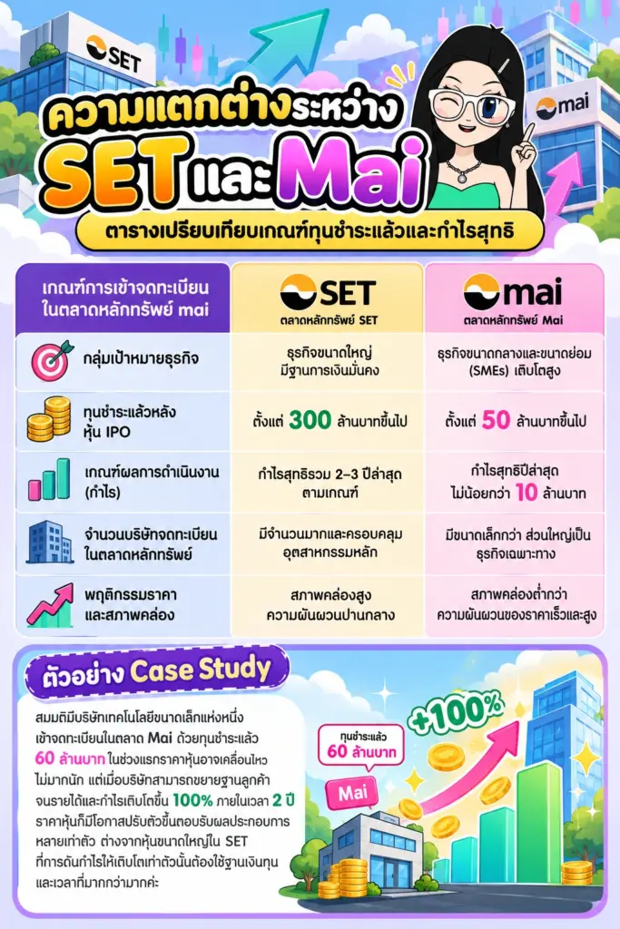 ตารางเปรียบเทียบเกณฑ์ทุนชำระแล้วและกำไรสุทธิ ความแตกต่างระหว่าง ตลาดหลักทรัพย์ SET และ ตลาดหลักทรัพย์ Mai ตารางเปรียบเทียบเกณฑ์ทุนชำระแล้วและกำไรสุทธิ