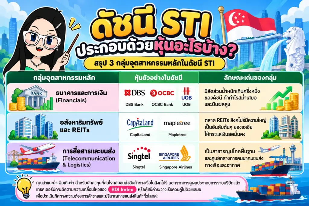 สรุป 3 กลุ่มอุตสาหกรรมหลักในดัชนี STI ดัชนีหุ้นสิงคโปร์ แผนภาพสรุป 3 กลุ่มอุตสาหกรรมหลักในดัชนี STI
