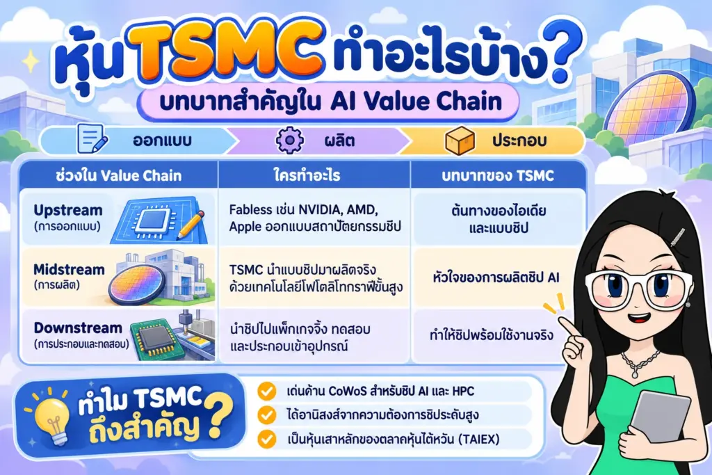 แผนภาพแสดงบทบาทของ TSMC ใน AI Value Chain หุ้น TSMC คือ แผนภาพแสดงบทบาทของ TSMC ใน AI Value Chain
